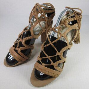 BCBGeneration Brown Suede Leather Lace Up Heels Peep Toe Tassel Boho Women's 8.5